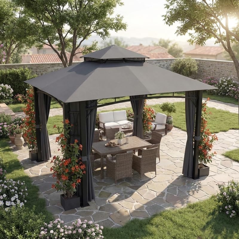 JUMMICO Decorative Gazebo Pergola 3x3m with Sides & 4 Flower Pots Steel Frame Foliage Pattern Double Vent Roof Waterproof & UV50+ Detachable Curtains for Garden Patio Grey