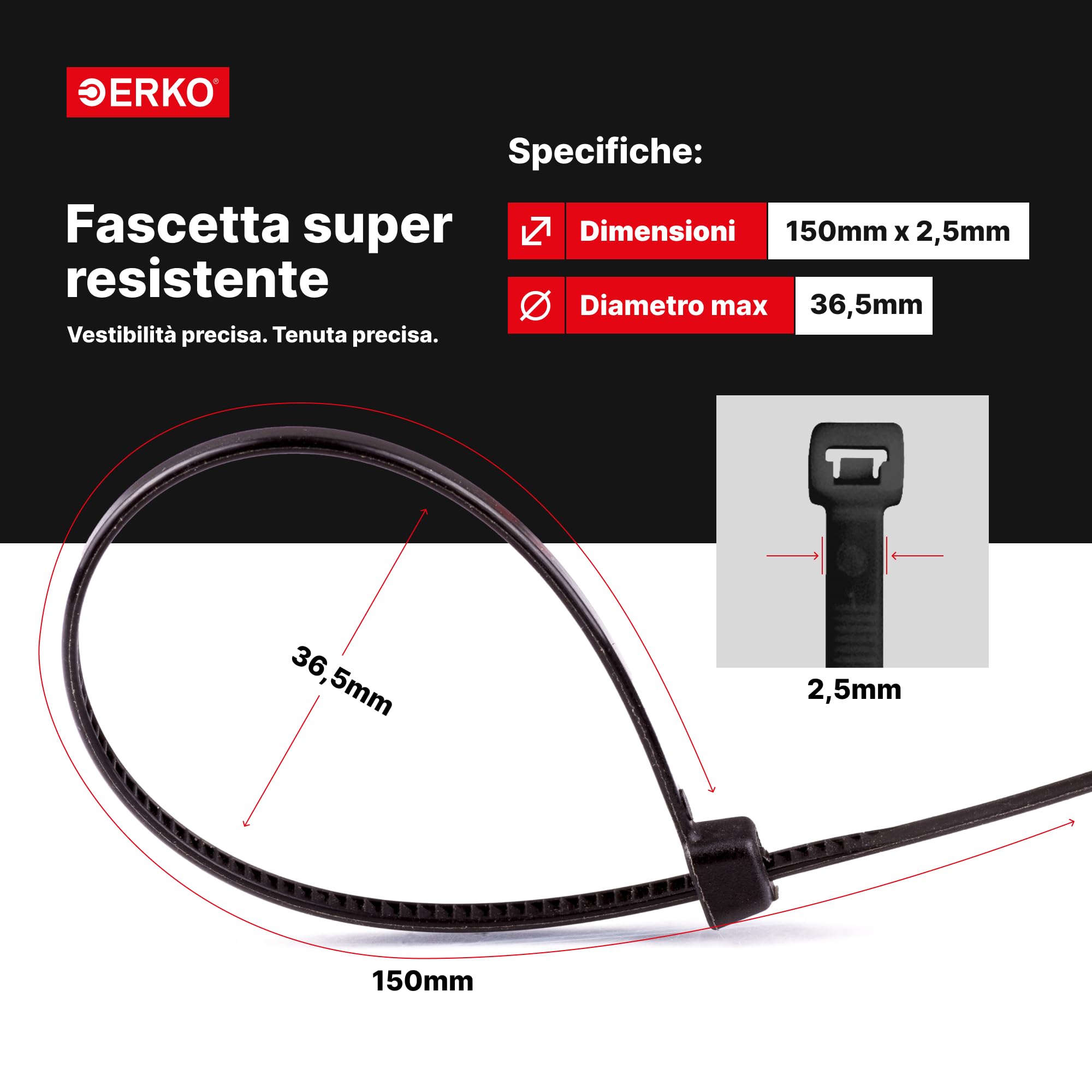 ERKO Fascette plastica nere 150 x 2,5 mm 100 pezzi di cablaggio professionali, Resistente allatemperature, Resistenza alla rottura 8 kg, forte