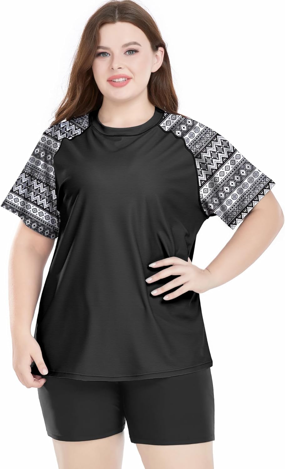 Davena Women's Plus Size 2 Piece Rash Guard Short Sleeve Swimsuit with Boyshorts Swim Shirt UPF 50+