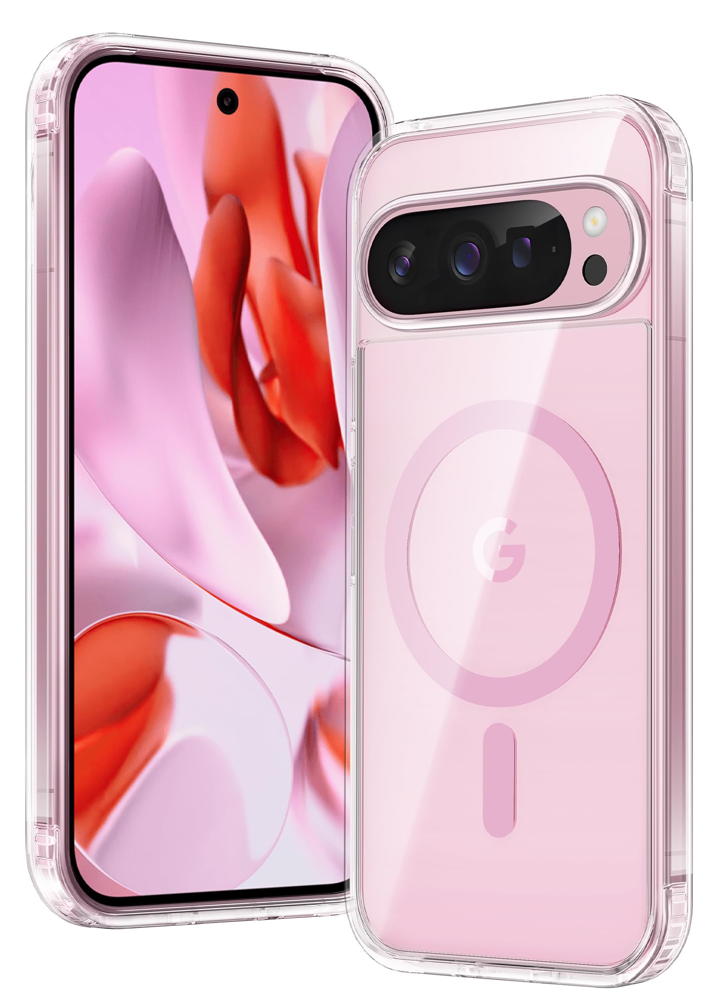 FNTCASE for Google Pixel-9-Pro XL Case: Clear Case Magnetic Military Grade Drop Protection Anti Yellowing Cell Phone Cover - Rugged Shockproof Protective Bumper Transparent Cases(Pink)