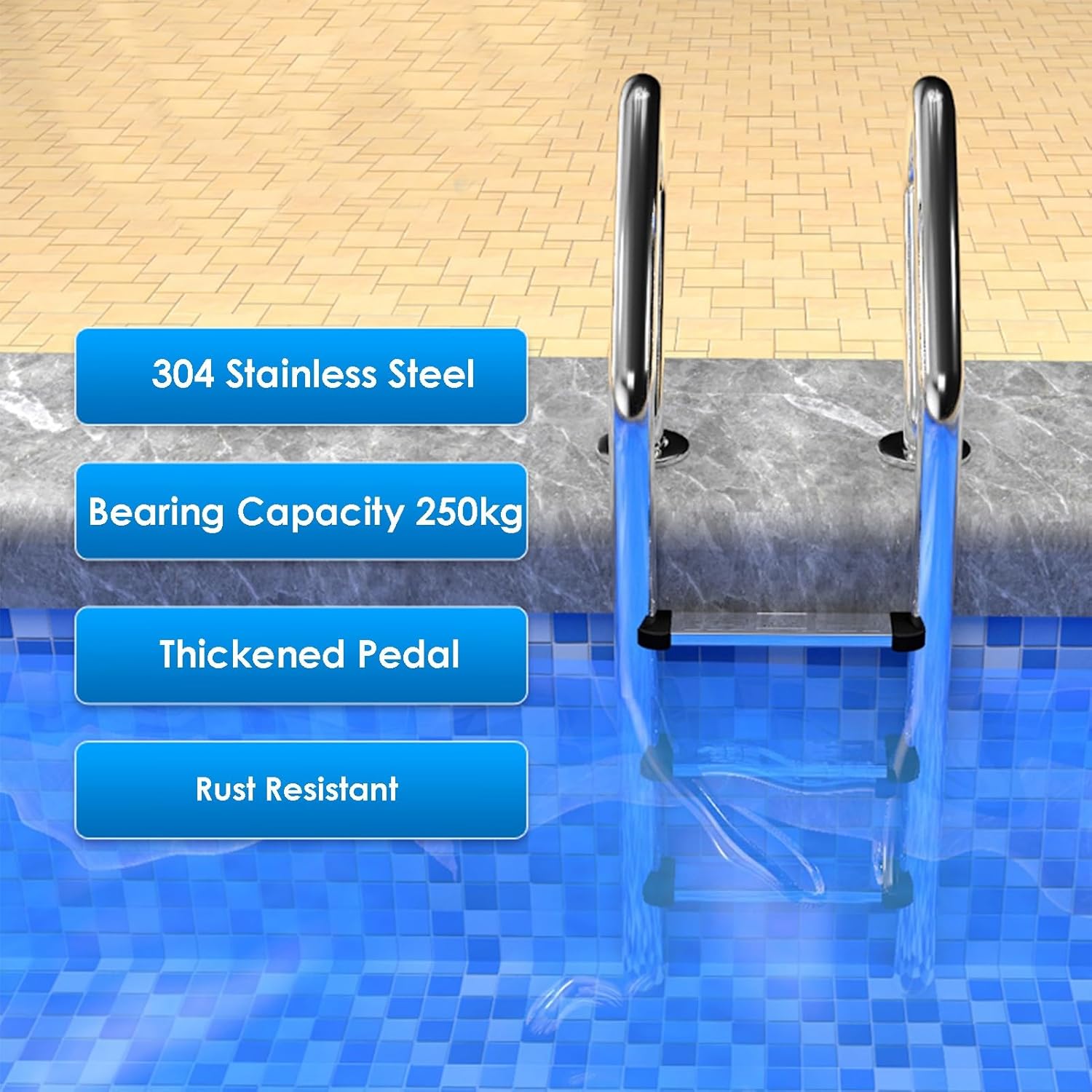 Stainless Steel Pool Ladder,3-Step Double Handrails Stairs,Preventing Slips Steps Ladder,for Backyard Pool Home,Bearing Weight 250kg (One Color 3 Steps)