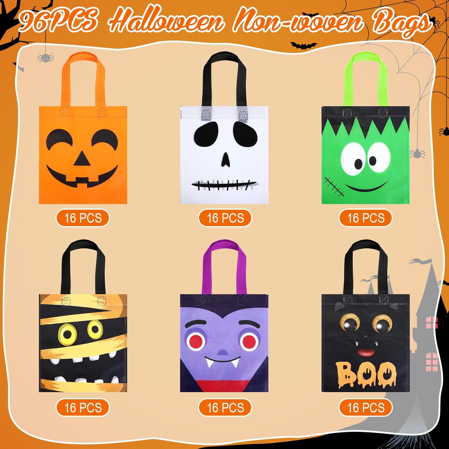 Ribbonlic 96 Pcs Halloween Treat Bags Party Favors, Candy Tote Bags with Handles, Reusable Non Woven Gifts Wrapping for Halloween Party Supplies