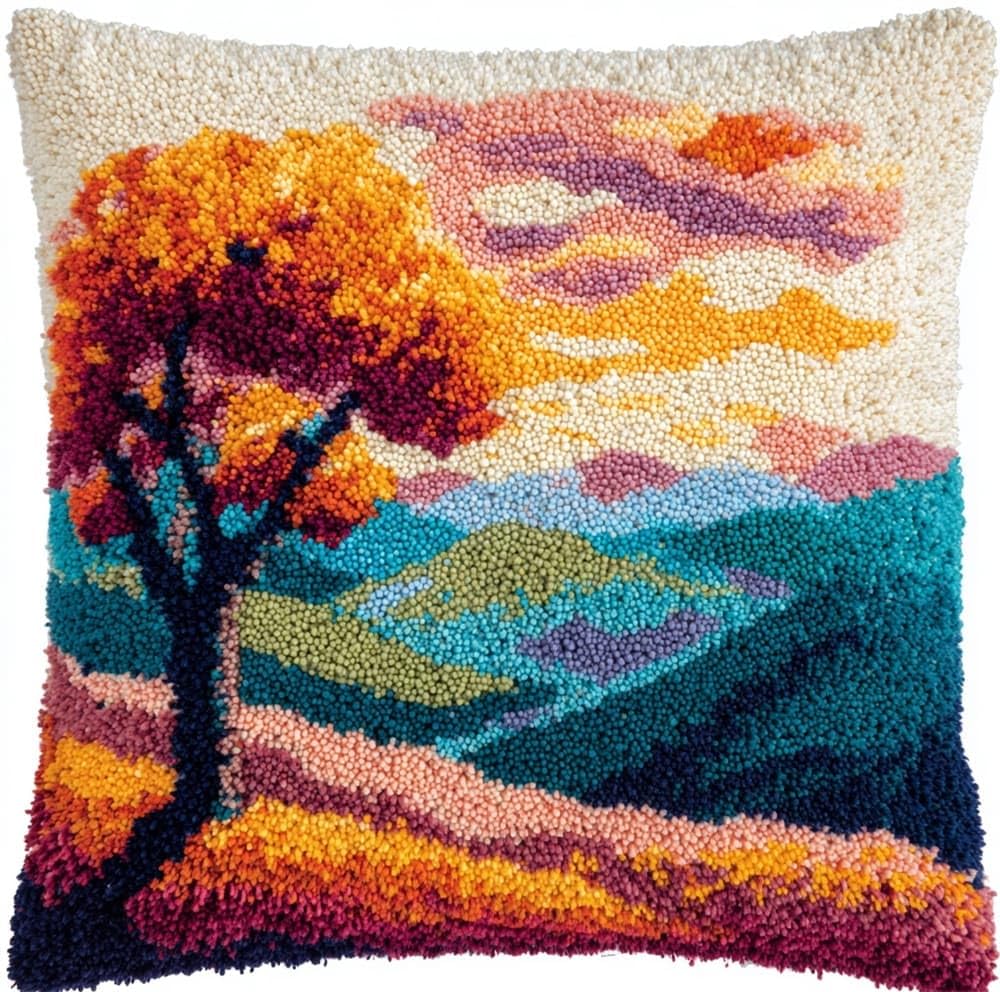 FWRTYCB 3D Pillow Latch Hook Embroidery Kits Sunset Mountain Tree Cushion
