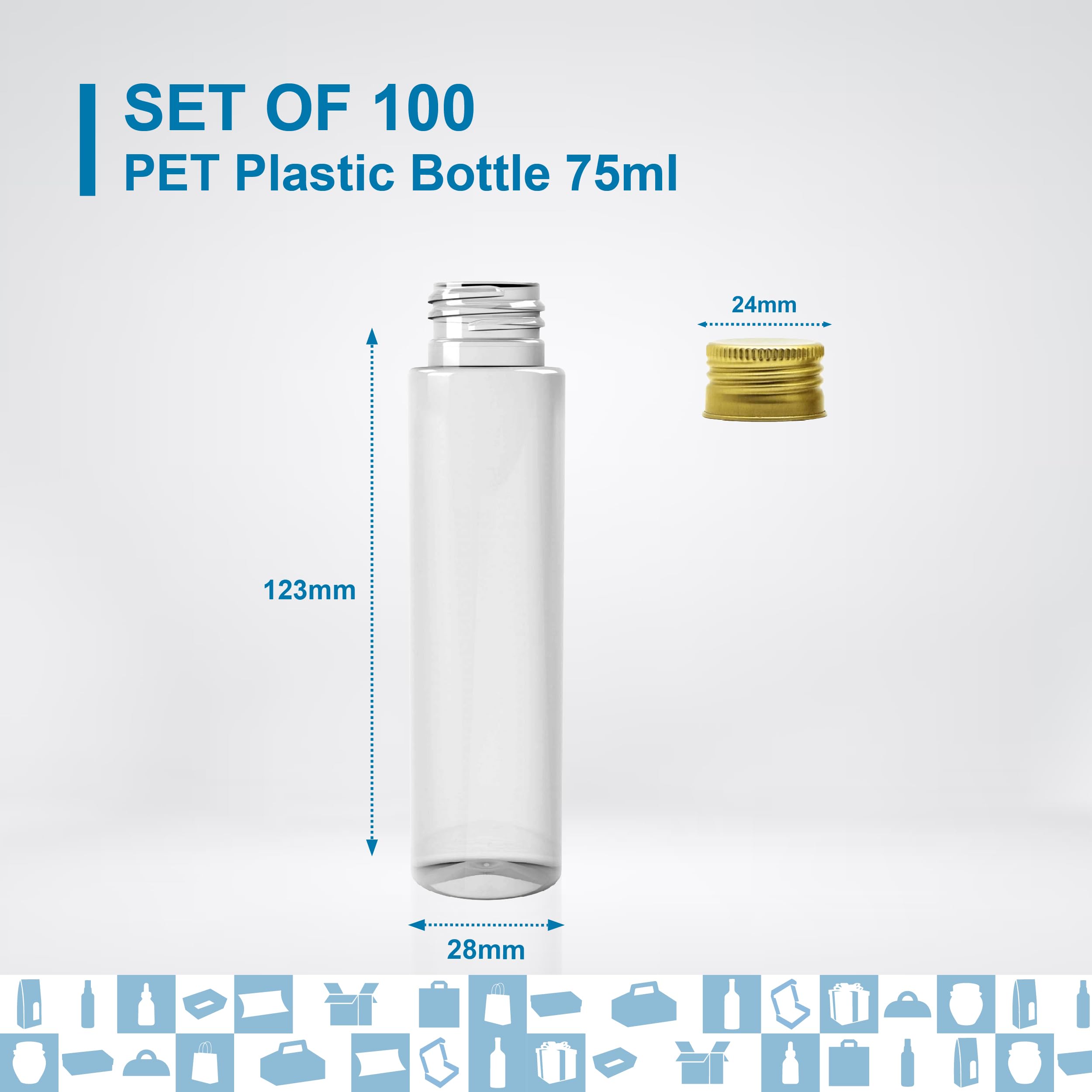 Pack de 100 botellas de plástico de 75 ml com Tampa Dourada – Botella Sensorial vacía, tubo de ensayo, mini frasco de cristal, caramelos, fiestas, especias, boda