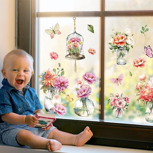 Miniatura 6 de Whaline 9 hojas de primavera y verano para ventana, florero de acuarela, mariposa, decoración estética de ventana floral de temporada para el hogar,