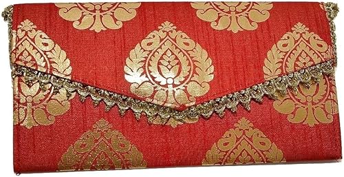 Desi Favors Sobres decorativos de brocado Shagun rojo y naranja para Navidad, bodas, compromisos, fiestas, 7.99 x 4.21 pulgadas (paquete de 4)