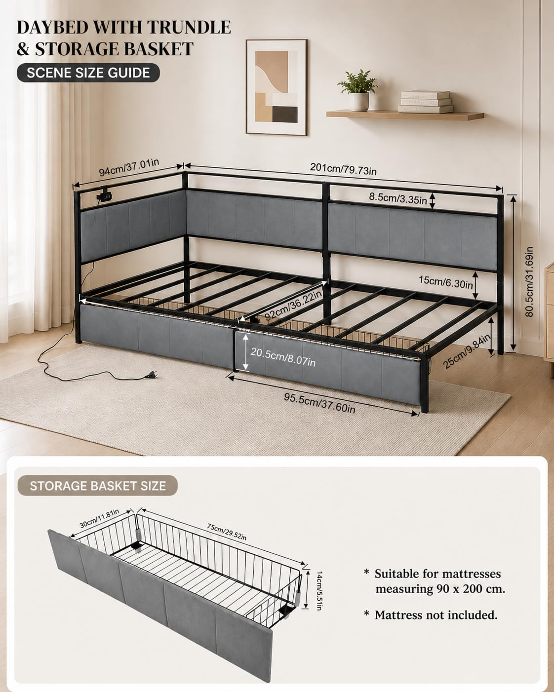 Łóżko młodzieżowe 90 x 200 cm, sofa do spania ze schowkiem, łóżko tapicerowane z tapicerowanym zagłówkiem, metalowa rama łóżka, czarno-jasnoszary, aksamit
