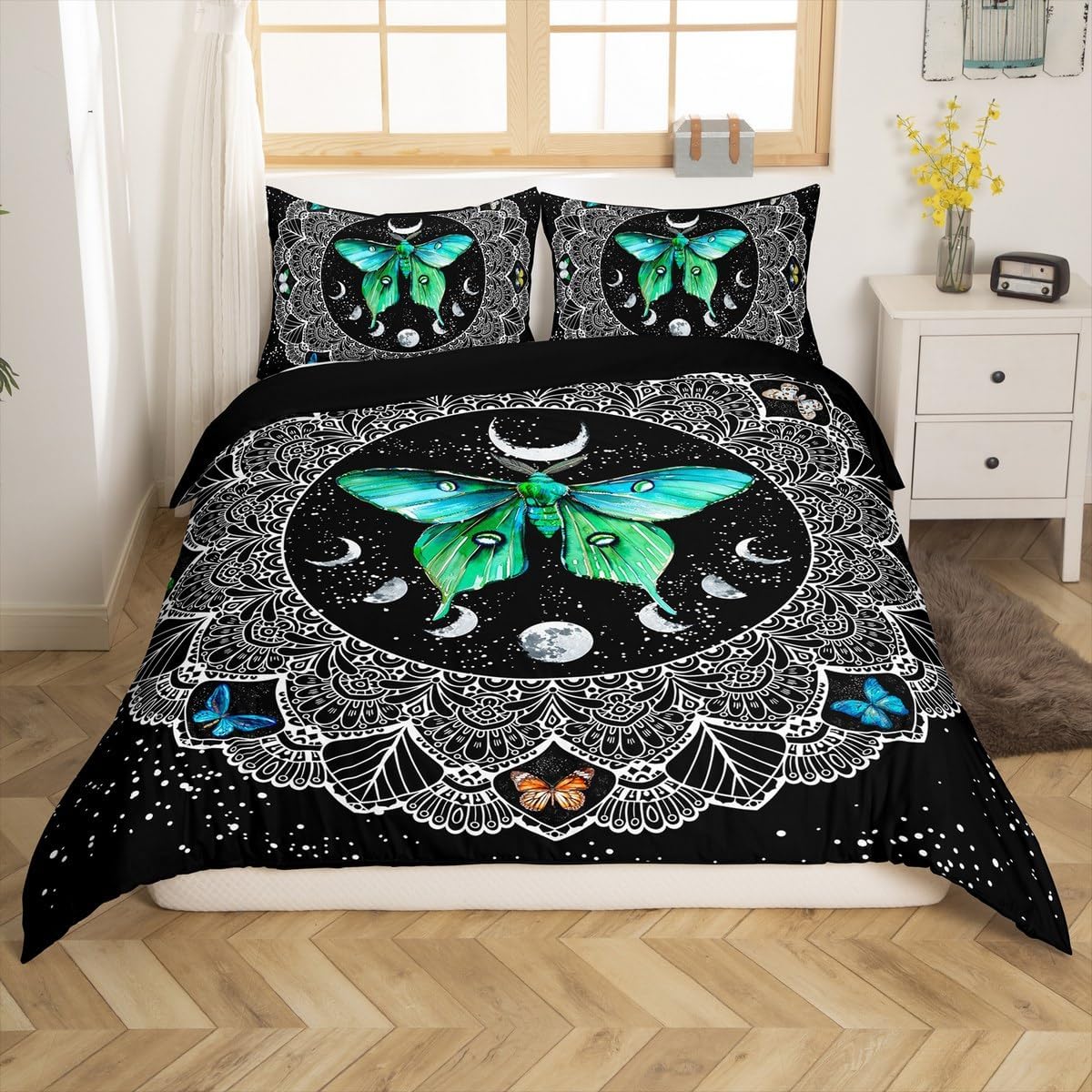 Bohemian Duvet Cover Set Queen Size Green Butterfly Death Moth Print Bedding Set 3pcs for Kids Boys Girls Boho Mandala Comforter Cover Sun and Moon Bedspread Cover with 2 Pillowcases,No Comforter