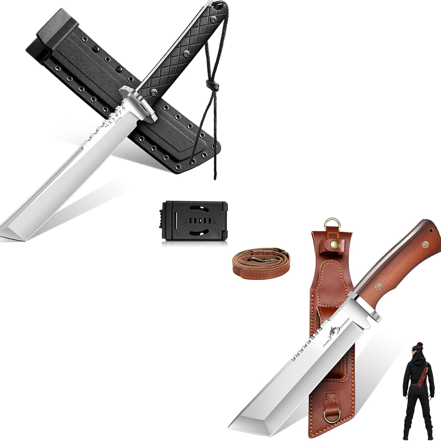 Purple Dragon Japanese Tanto Knife - D2 Steel Fixed Blade Knife with Sheath