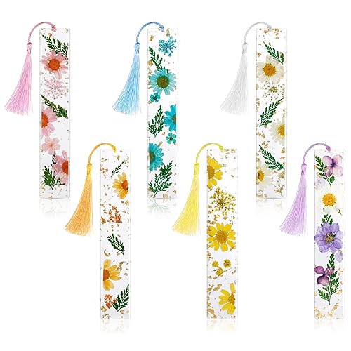 Leezmark 6 Pcs Resin Dried Flower Bookmarks, Transparent Dried Floral
