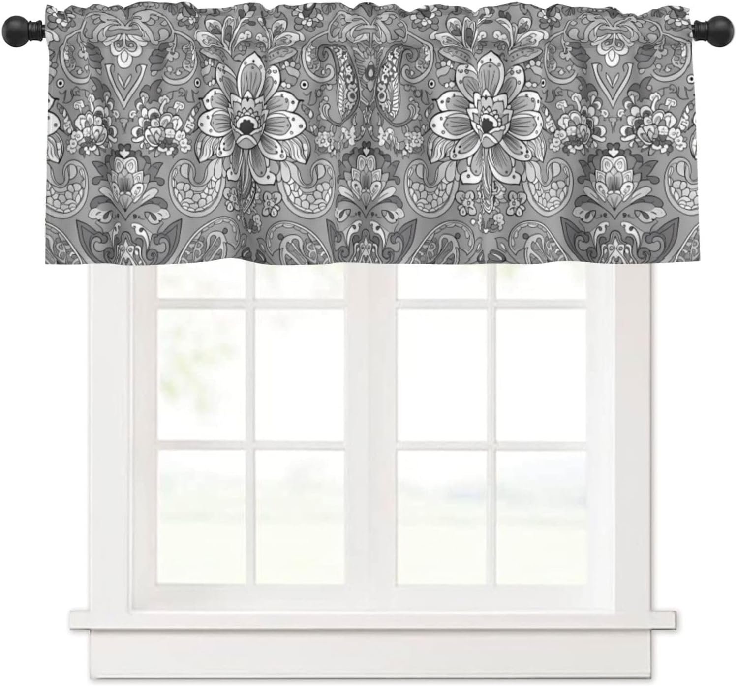 Valance for Windows Black White Gray Paisley Flower Vine Short Curtains Rod Pocket Window Treatment for Kitchen Living Room Bedroom Bathroom Decor 1 Panel, 54x18in