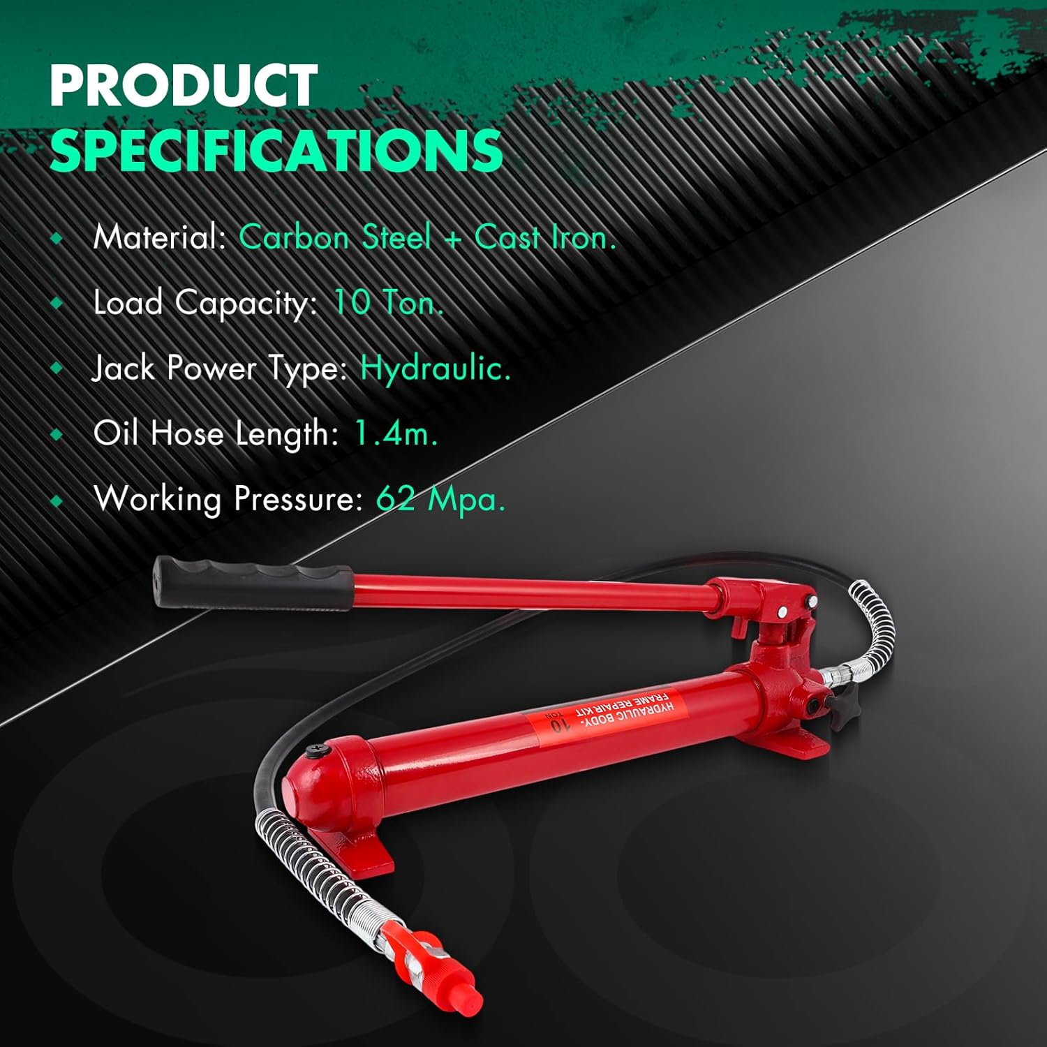SCITOO 10 Ton Hydraulic Hand Pump – Heavy-Duty Carbon Steel/Cast Iron Jack Pump with 1.4m Oil Hose 62Mpa Working Pressure for Auto Repair & Industrial Lifting Red
