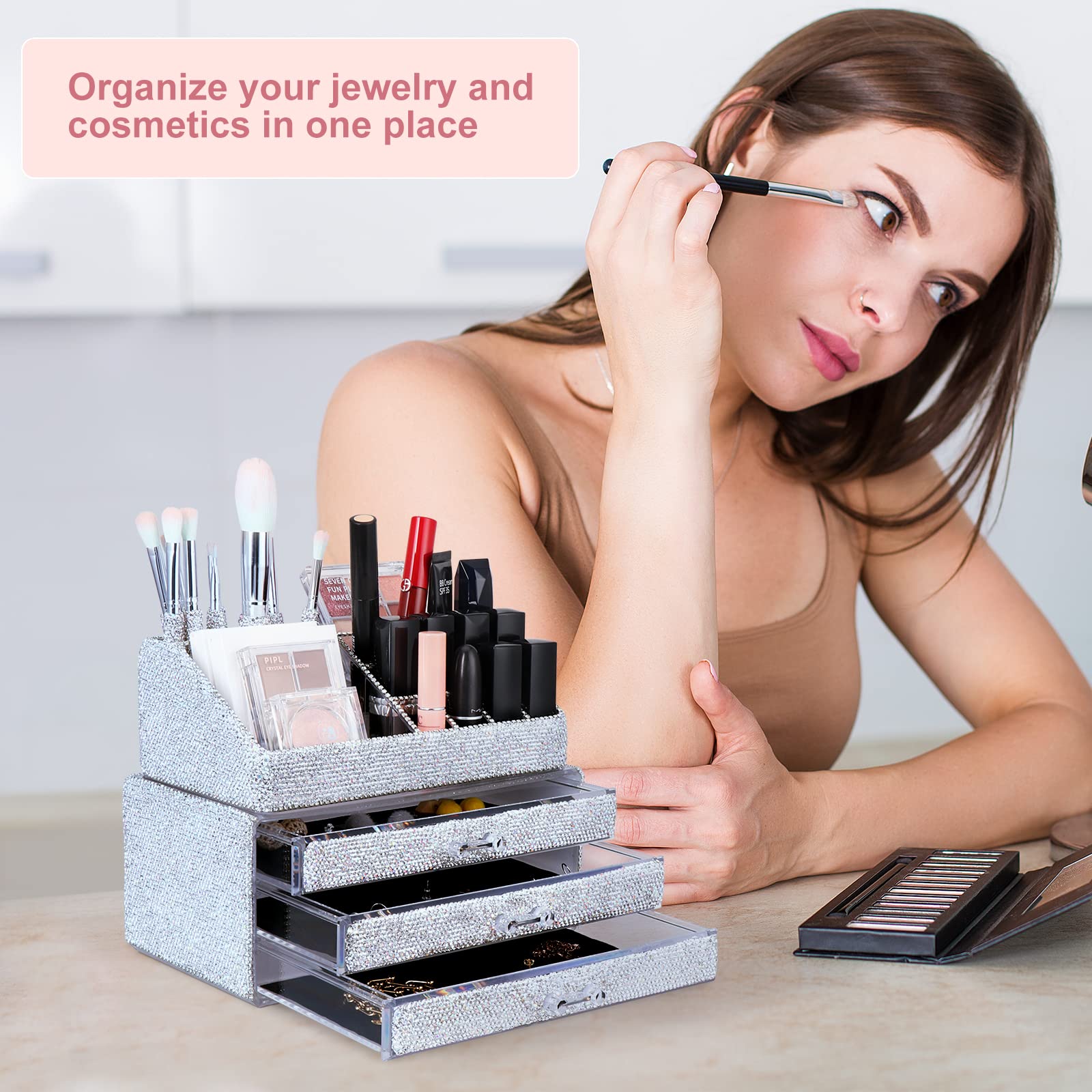 Make-up-Organizer, Schmuck, Kosmetik-Aufbewahrungsboxen, Make-up-Pinselhalter, Kosmetikhalter, glitzernde Diamant-Arbeitsplatte, Schmuckkoffer für Frauen, Mädchen (Neuweiß)
