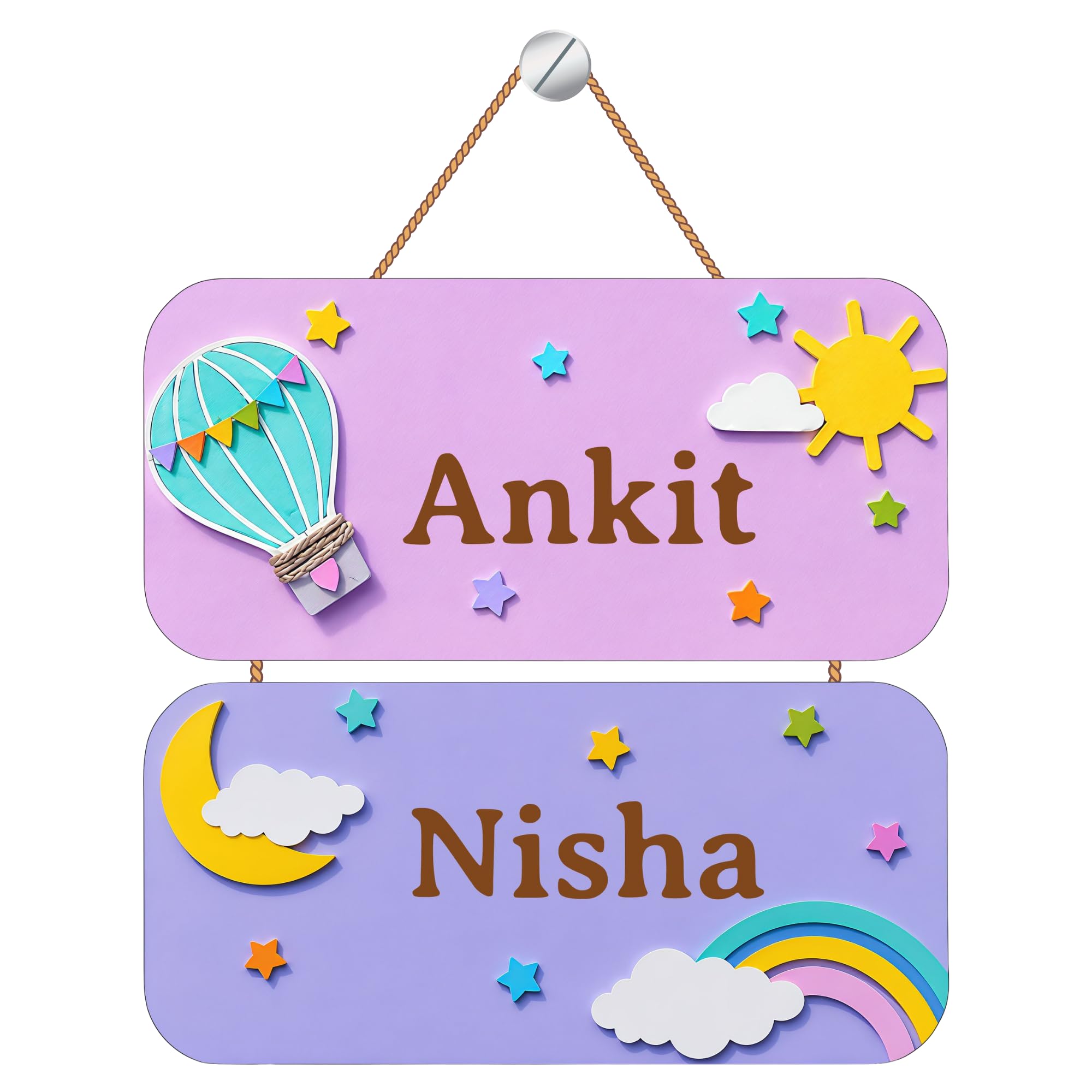 Webelkart Personalized Kids Name Plate for Door & Wall | Custom Wooden Name Hanging for Kids Room | Nursery Decor with Hot Air Balloon, Rainbow, Moon & Stars Theme (10 * 18"Inches)-image-18
