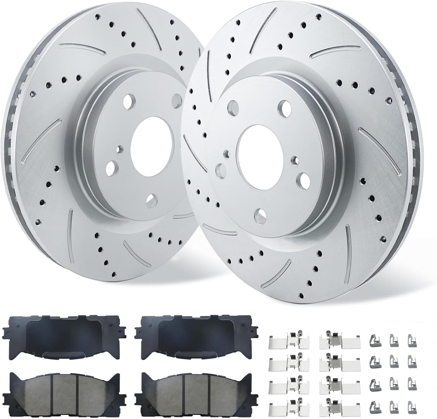 Betthand Front Brake Kits for Toyota Camry 2007-2017, Avalon 08-18, Lexus ES350 2007-2018, Lexus ES300h 13-18, Geomet-Coated Discs, Drilled & Slotted, Geomet-Coated Rotors And Ceramic Pads, KOE3053
