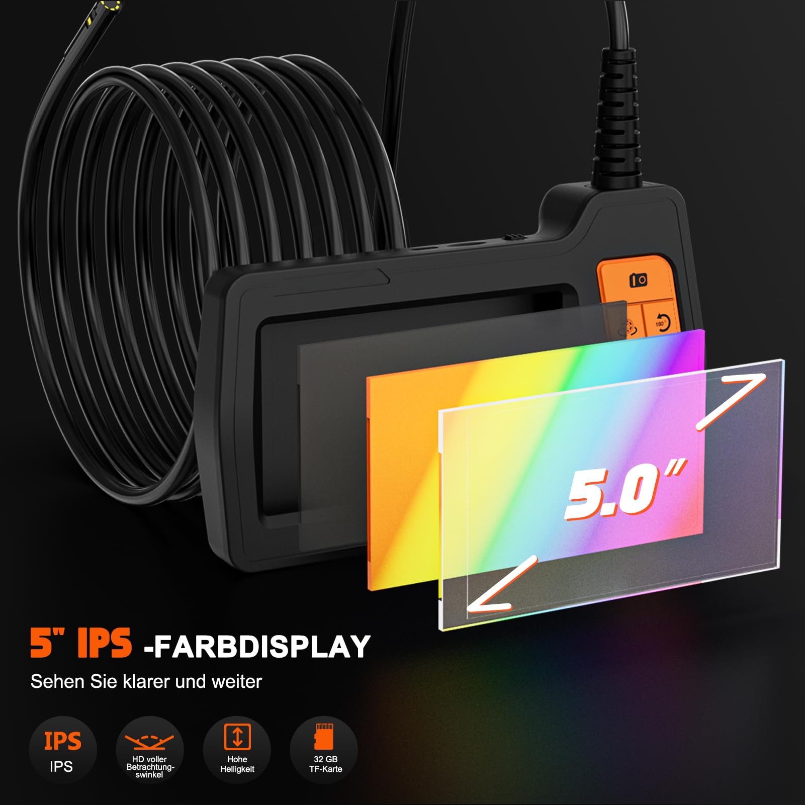 Endoscopio Industrial de Triple Lente con Cable de 15 m, 1080P HD Cámara de Inspección, 5" IPS Pantalla Endoscópica, Impermeable IP67 de 8mm Boroscopio para Auto, Fontanería, TF de 32 GB
