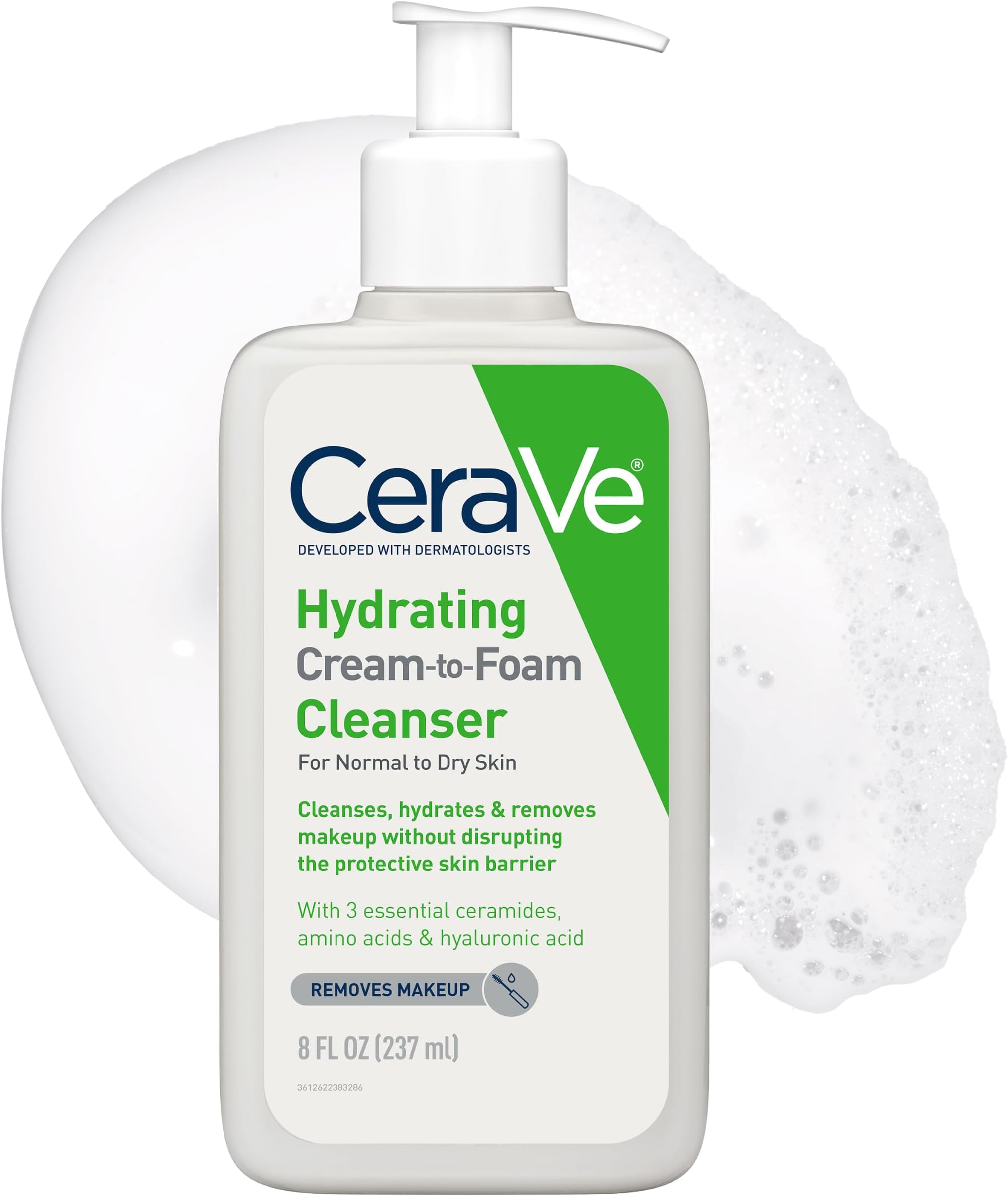 Hydrating Cream To Foam Cleanser, Face Wash for Dry Skin, 8oz | Skin Care with Hyaluronic Acid, Makeup Remover, Facial Cleanser, Fragrance-Free, Non-Comedogenic, For Normal To Dry Skin