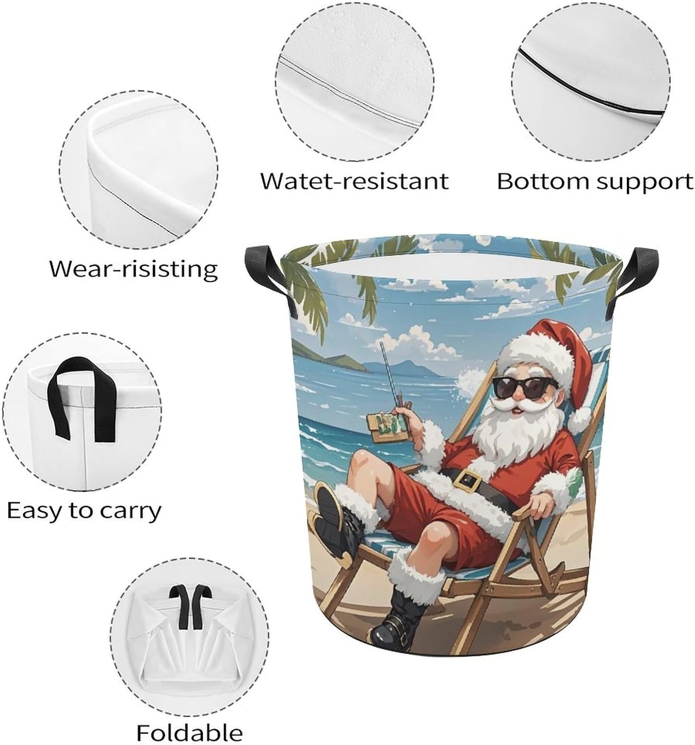 13.8 × 13.8 × 17.3 Inches Collapsible Laundry Baskets Short Term Seaside Printed Waterproof Laundry Hamper Foldable Dirty Clothes Storage Bin for Bathroom Bedroom Office image 4