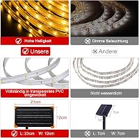 Bandă LED solară de exterior ZAIYW 15 m, IP68 rezistentă la apă, 300 LED-uri, alb cald, cu variator, telecomandă și temporizator, autoadezivă, pentru decorarea gardului de grădină 3