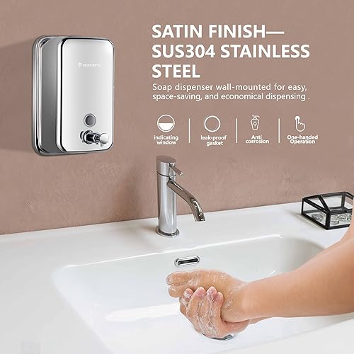 Miniatura 2 de Dispensador de jabón de acero inoxidable para el hogar, montaje en pared de 16.9 onzas, bomba antifugas, acabado de níquel cepillado, diseño que