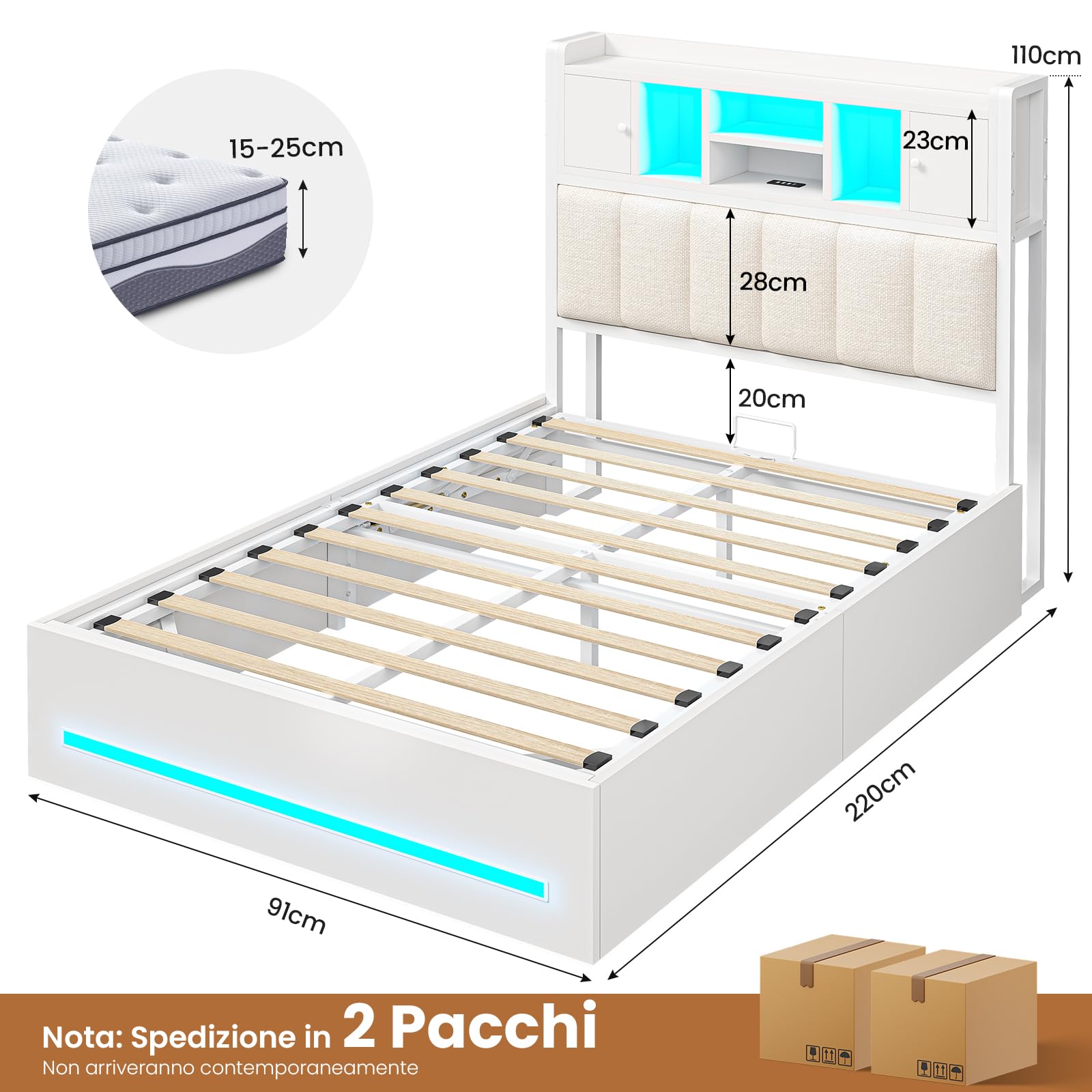 AOGLLATI Letto Contenitore 90x200 cm con Sollevamento Idraulico, Letto Singolo con Luci LED e Porta USB, Sommier a Doghe in Legno, Testiera Imbottita Nero con 7 Vani Portaoggetti, Bianco