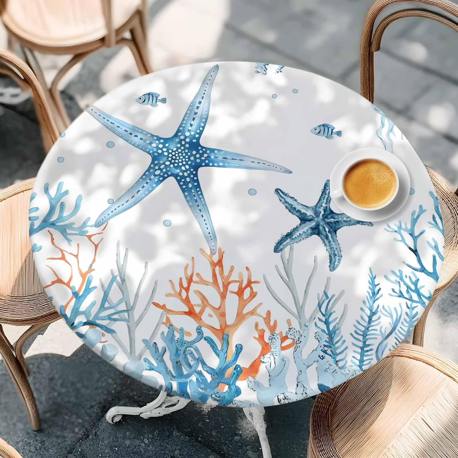 Summer Coastal Round Tablecloth,Fitted Starfish Coral Table Cover Waterproof Reusable Ocean Table Cloth with Elastic Edge for Kitchen Dining Party Marine Theme Sealife Tablecloths 55-60in