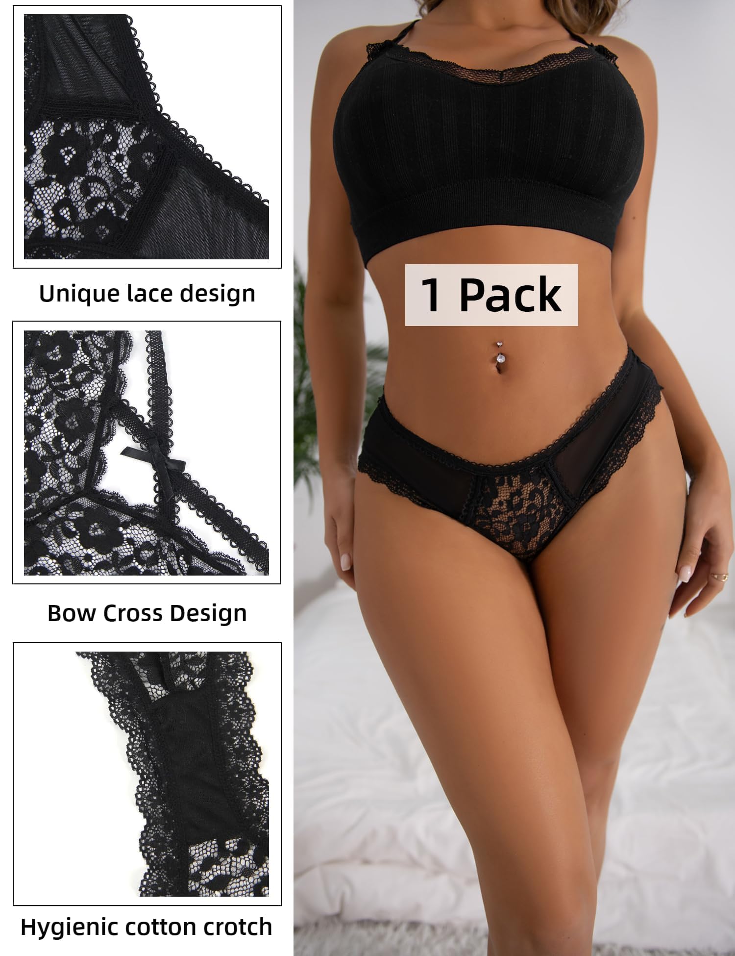 ohmydear Damskie majtki 1/2/3 sztuki Seksowne stringi tanga Erotyczna bielizna Duże rozmiary Brazylijskie stringi Przezroczysta koronka Majtki Oddychające majtki, M-L