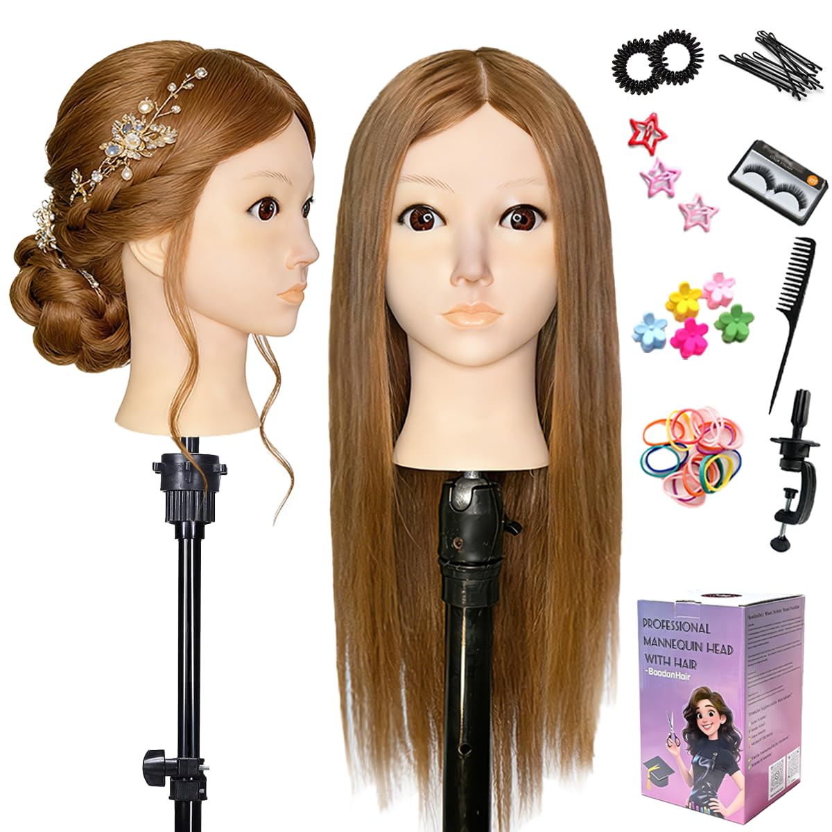 Mannequin Head Human Hair For Braiding，Straight 22Inch Doll Head for Cosmetology & Hairdresser with Stand (Golden)