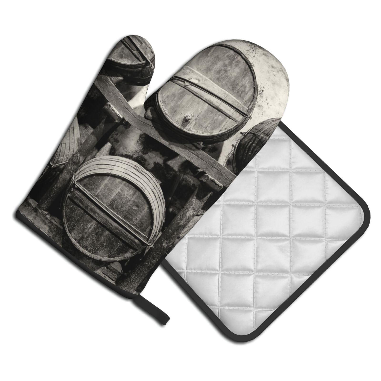 Oven Mitts and Pot Holders Set of 2 Pcs, Wine Barrels Printed Heat Resistant Kitchen Gloves Potholders for Cooking Baking Grilling