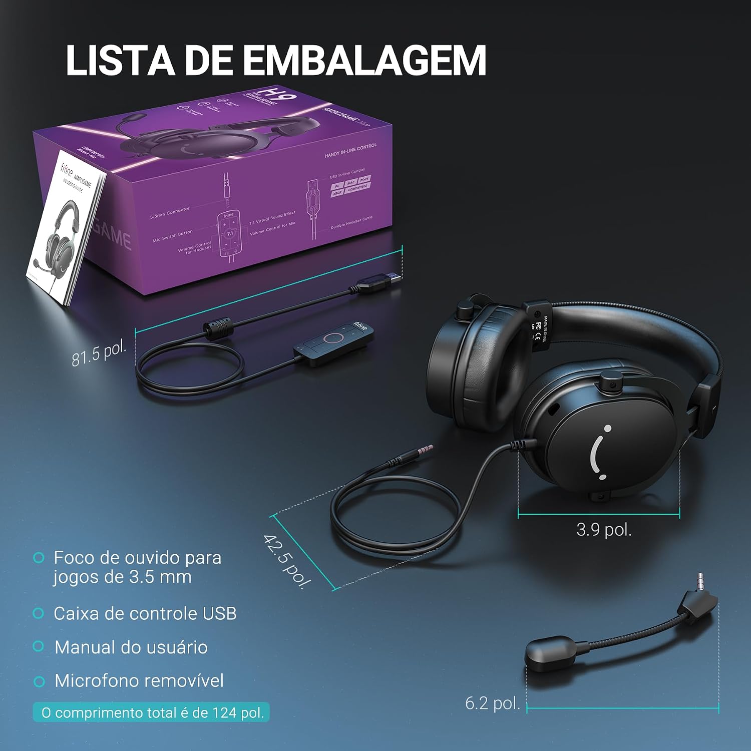 FIFNE Fone de ouvido para jogos de PC, fone de ouvido USB com som surround 7.1, microfone removível, caixa de controle, conector de 3,5 mm,com fio sobre a orelha para PS5/Xbox/Switch-H9 preto