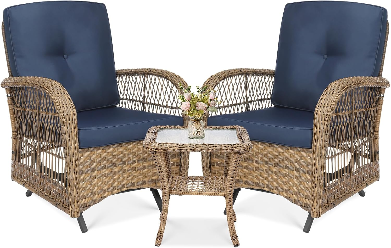 VIVIJASON 3-Piece Patio Bistro Glider Set, Outdoor Wicker Glider Rocking Chairs Set of 2 with Tempered Glass Side Table, Patio Rattan Furniture Set for for Backyard, Garden and Porch, Navy Blue