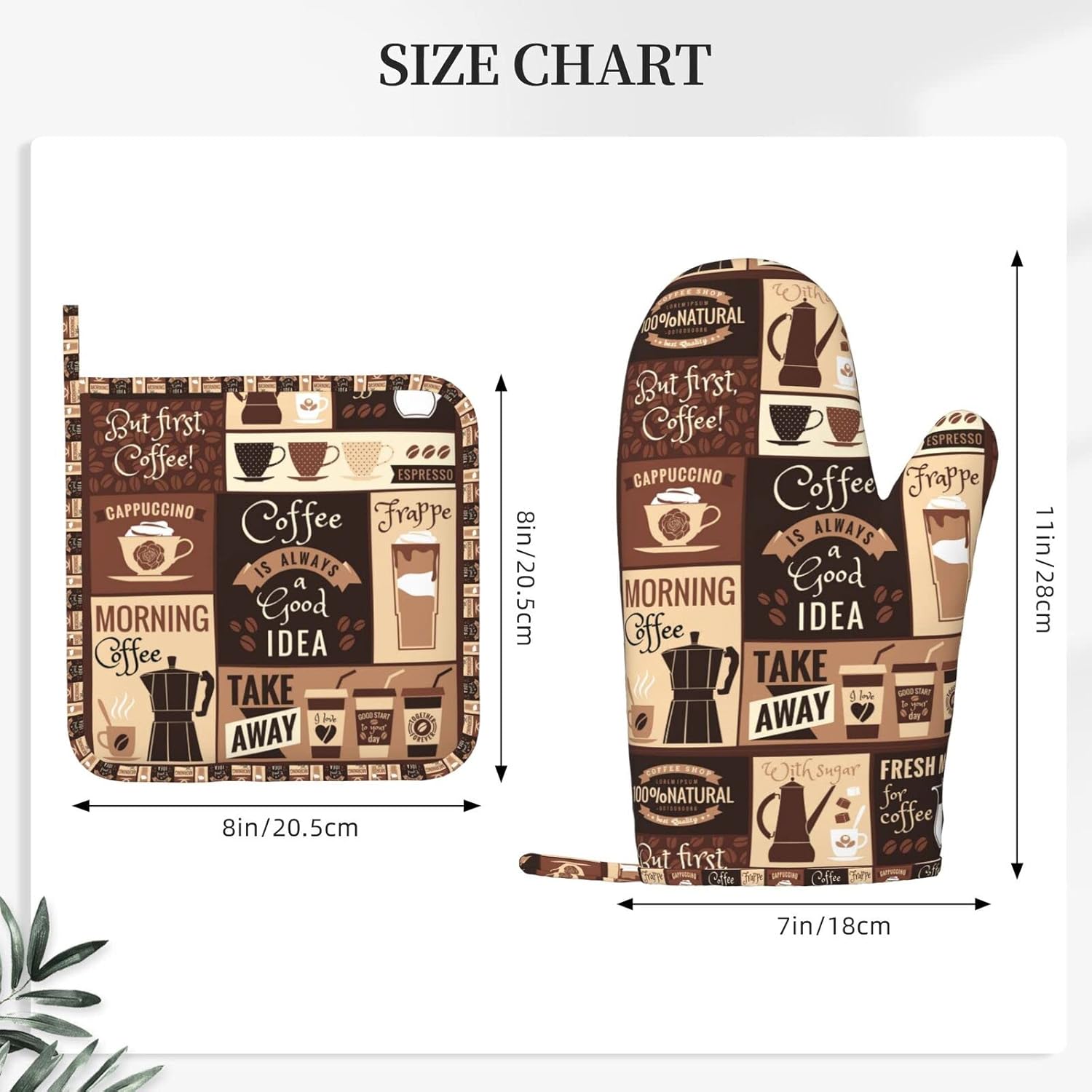 Oven Mitts Pot Holders Set Coffee Pattern Silicone Modern Art Kitchen Gloves Potholders Heat Resistant for Chef Baking Cooking Grilling BBQ 4 Pack Mitt