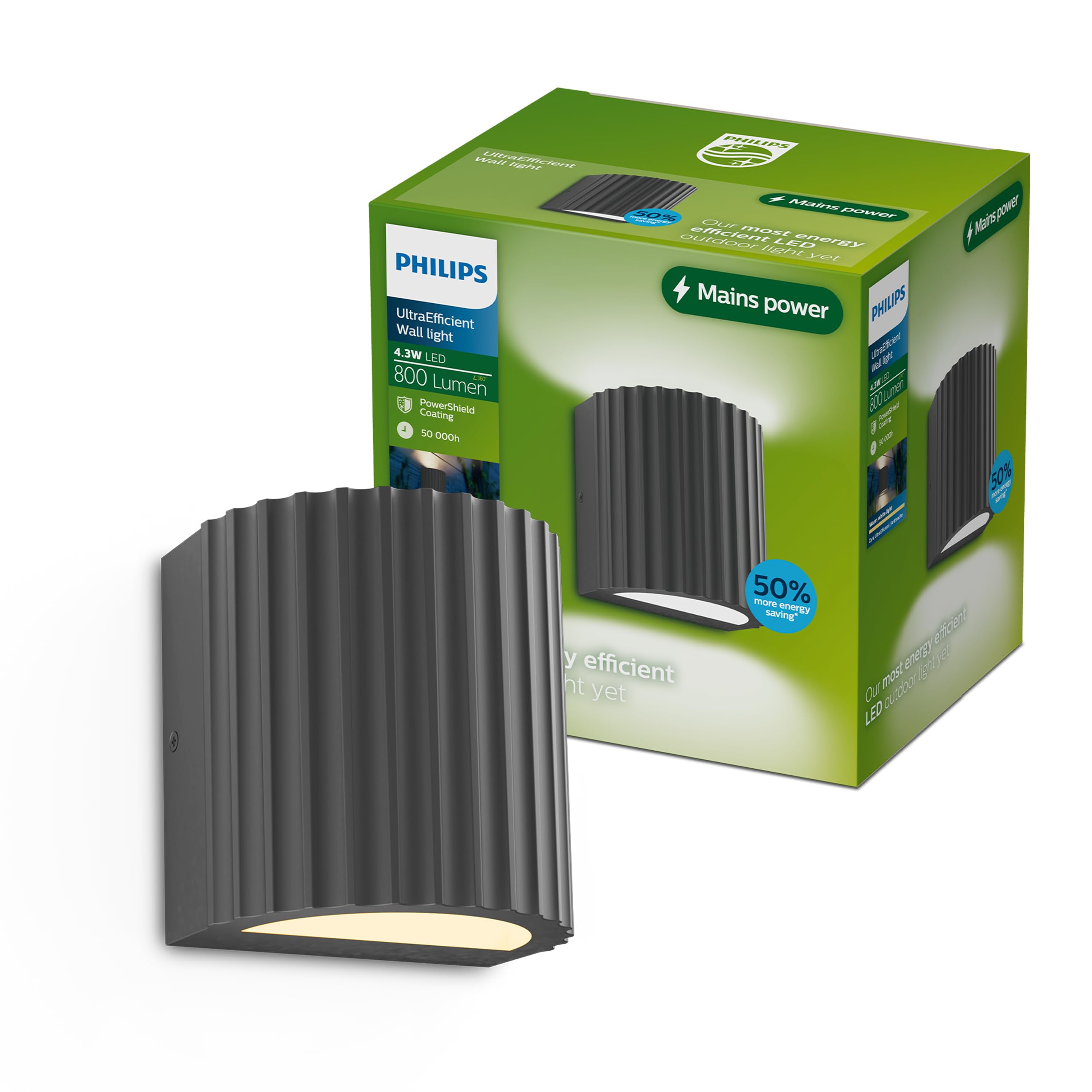 Philips Philips Zyra Outdoor Wall Light, 800 lm, 2700 K, PowerShield, IP44 Weather-Resistant, Durable, Aluminum, Modern Design, Built-in