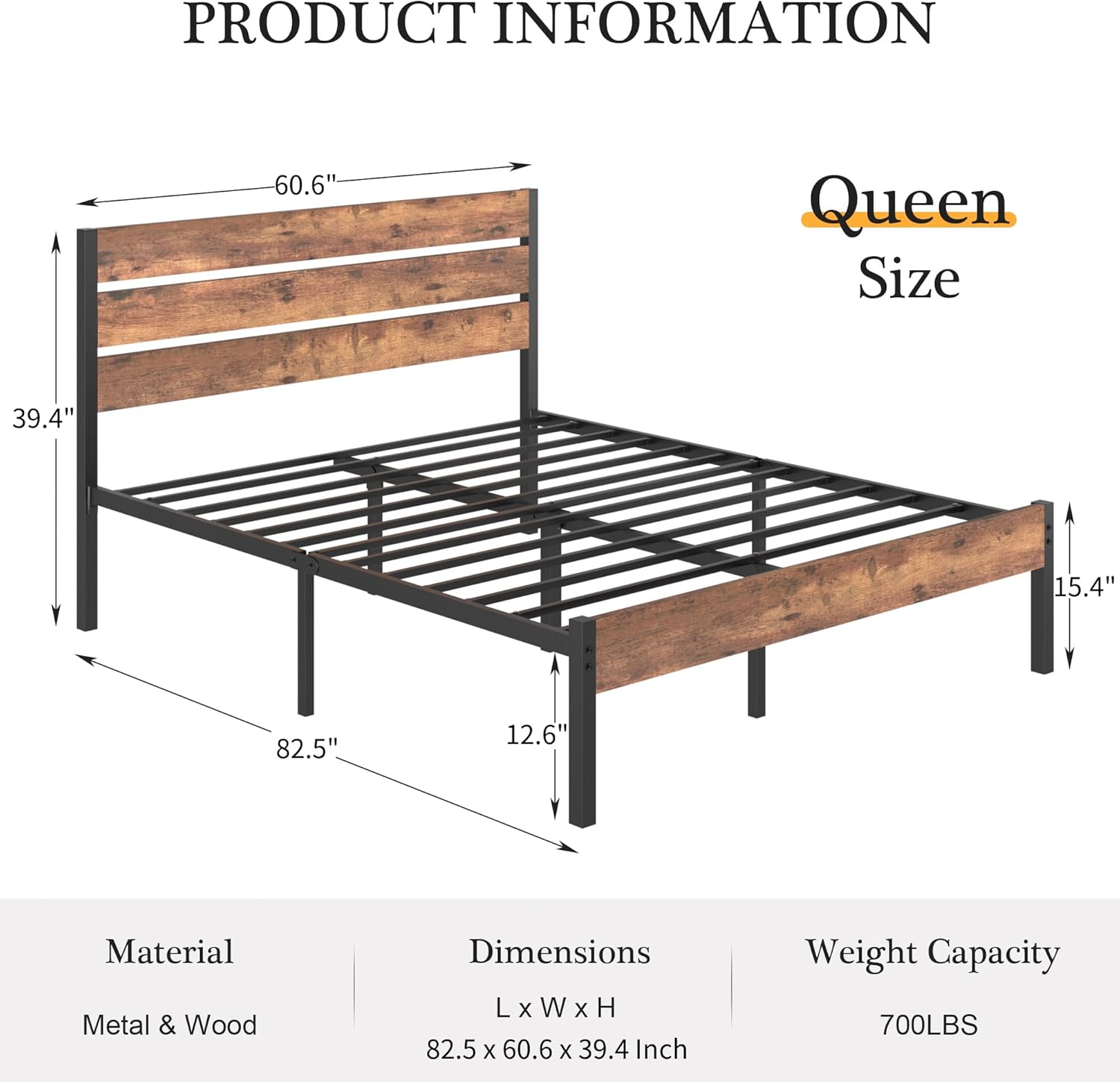 VECELO Queen Size Bed Frame - Heavy-Duty Metal Platform with Wood Headboard, No Box Spring Needed, Antique Brown