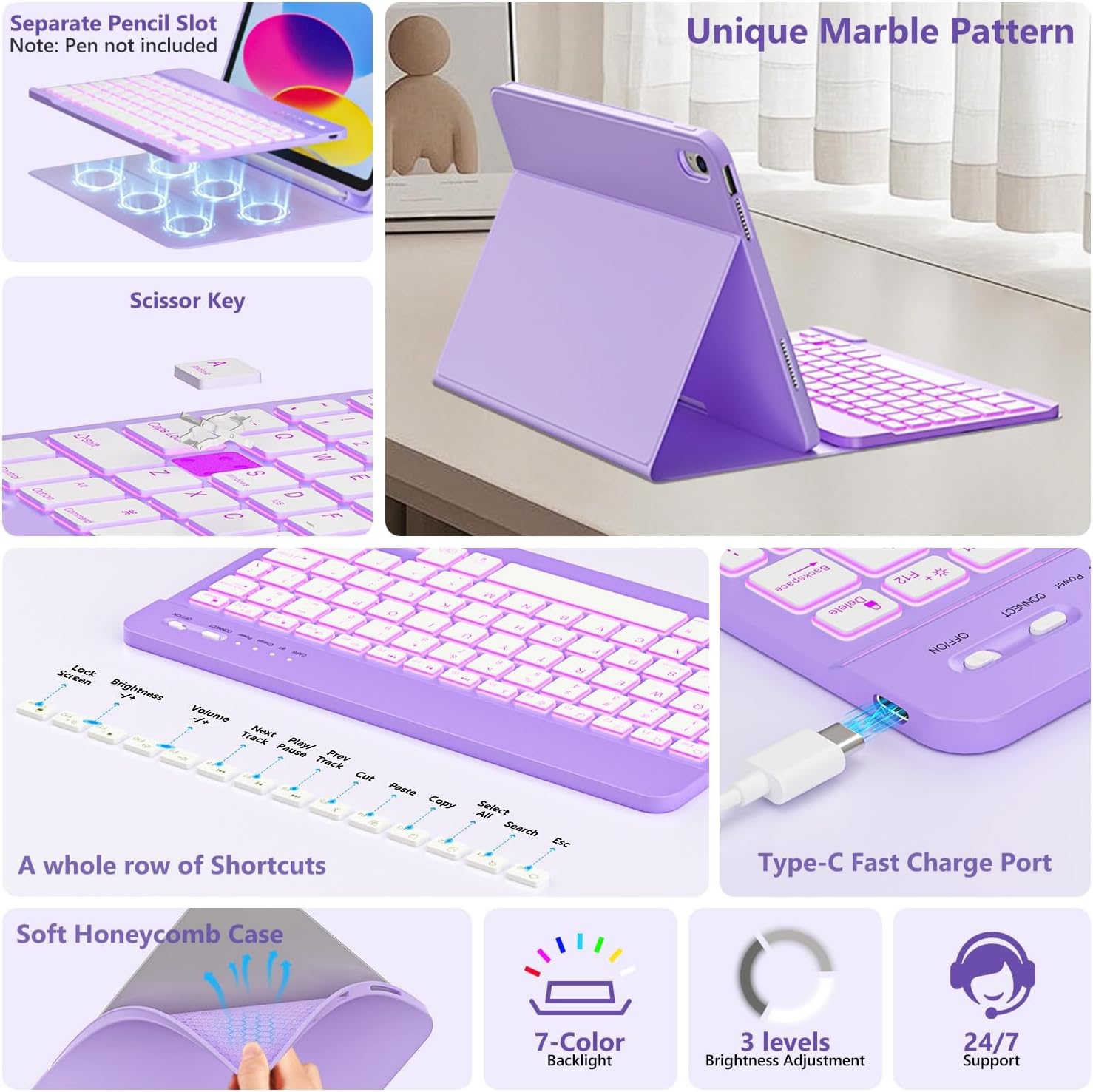 FUWANG for iPad A16 11th 10th Generation Case with Keyboard, Magnetic Detachable 7-Color Backlit Folio Cover Keyboard Case for iPad (A16) 11th 11 inch/10th Gen 10.9 inch with Pencil Holder, Purple - Image 4