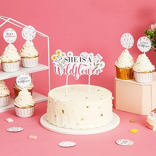 Miniatura 5 de Paquete de 13 decoraciones para cupcakes con diseño de flores silvestres para niñas, temática de flores silvestres para baby shower, suministros de