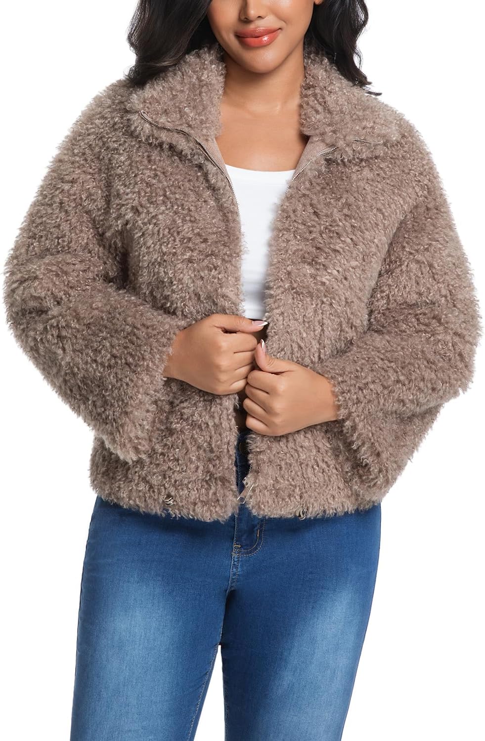 HOOD CREW Women's Faux Fur Long Sleeve Fleece Cropped Jacket Open Front Shaggy Warm Short Fall Winter Outerwear Coat - Image 3