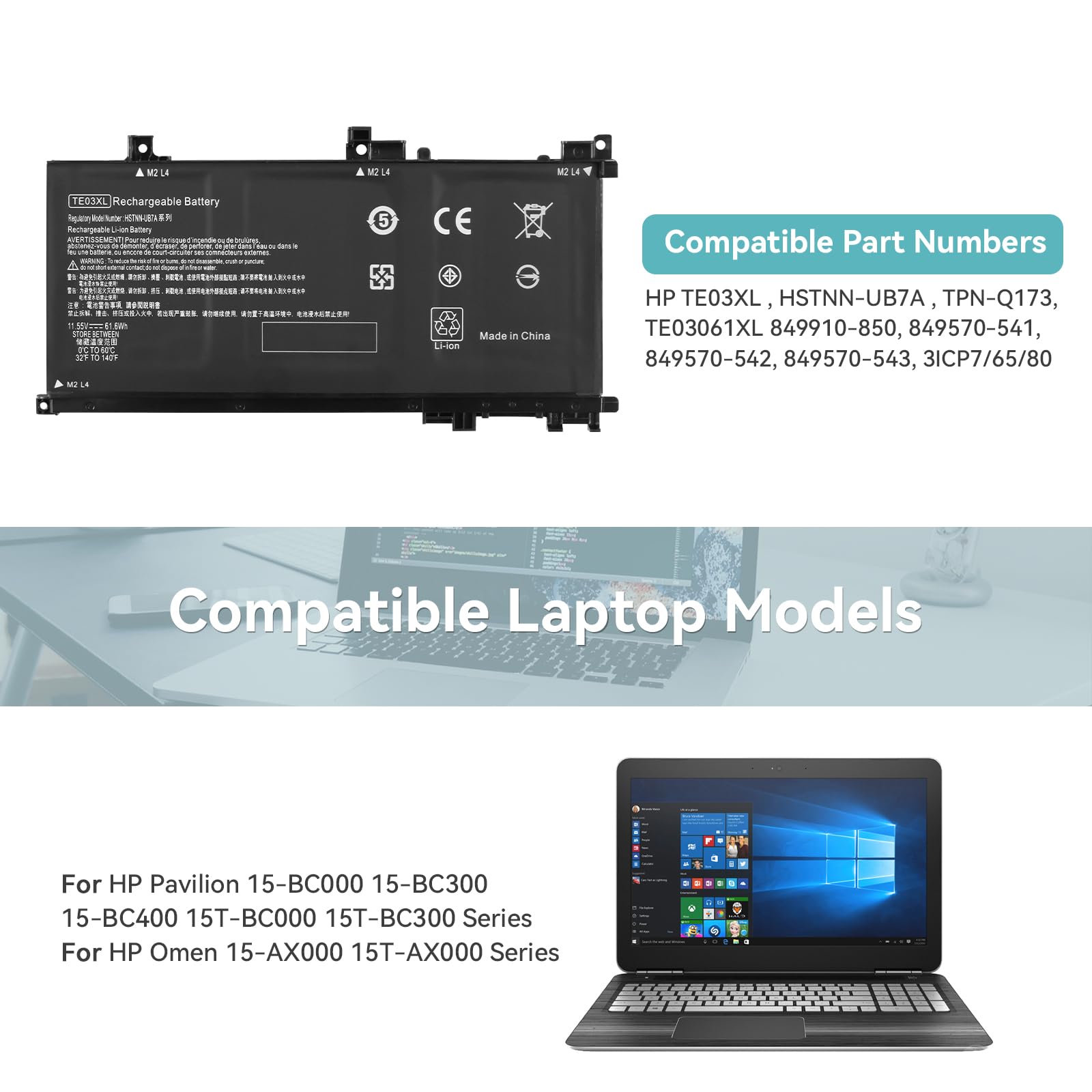 K KYUER TE03XL Batteria per HP Omen 15-ax000 Pavilion 15-bc000 15-bc000ng bc003ng bc004ng bc005ng bc006ng bc009ng bc011ng 15-ax007ng ax003ng ax000nl ax005ng ax001ns ax008ns ax038nf ax009ng TPN-Q173