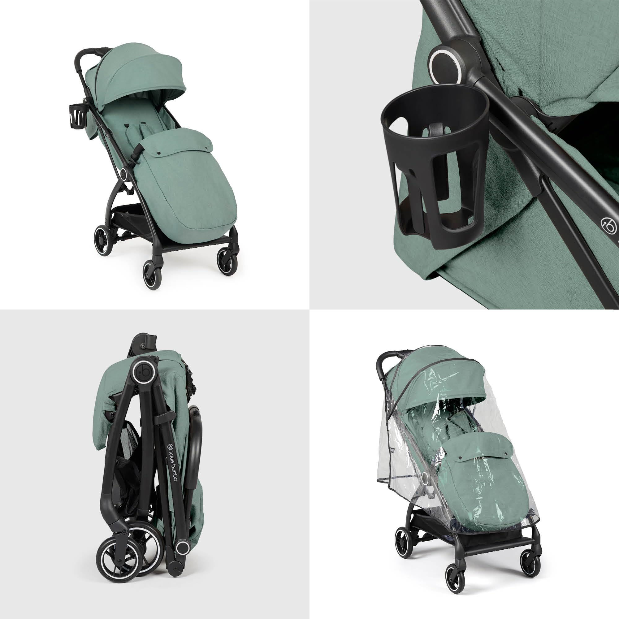 Ickle Bubba Aries Max Autofold Poussette avec chauffe-pieds et porte-gobelet, design léger comme une plume, inclinaison multipositions et mécanisme de pliage automatique pratique (Vert Sauge)