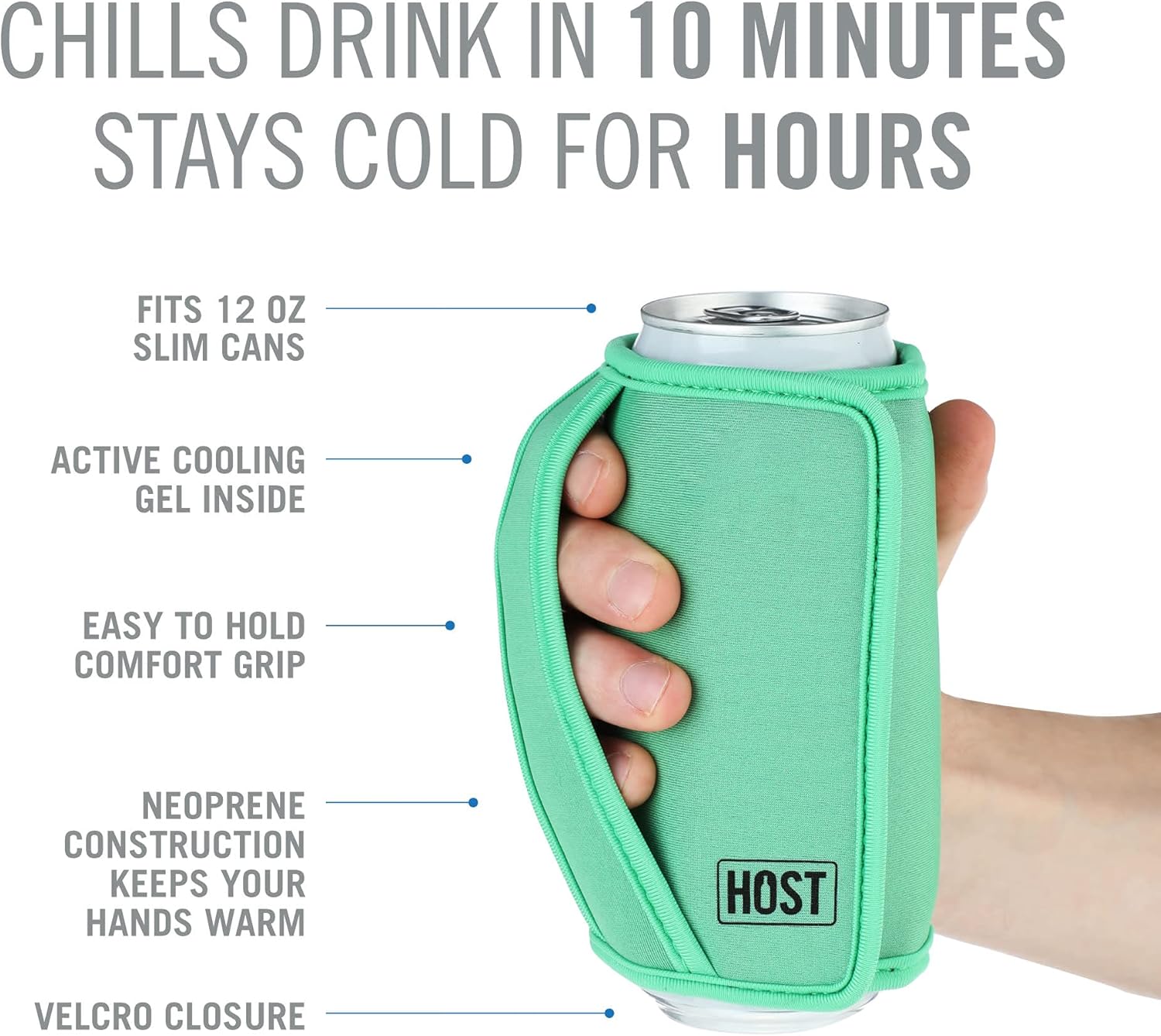 Diagram showing features of the HOST Insta-Chill Slim Can Cooler, including active cooling gel, comfort grip, neoprene construction, and velcro closure.