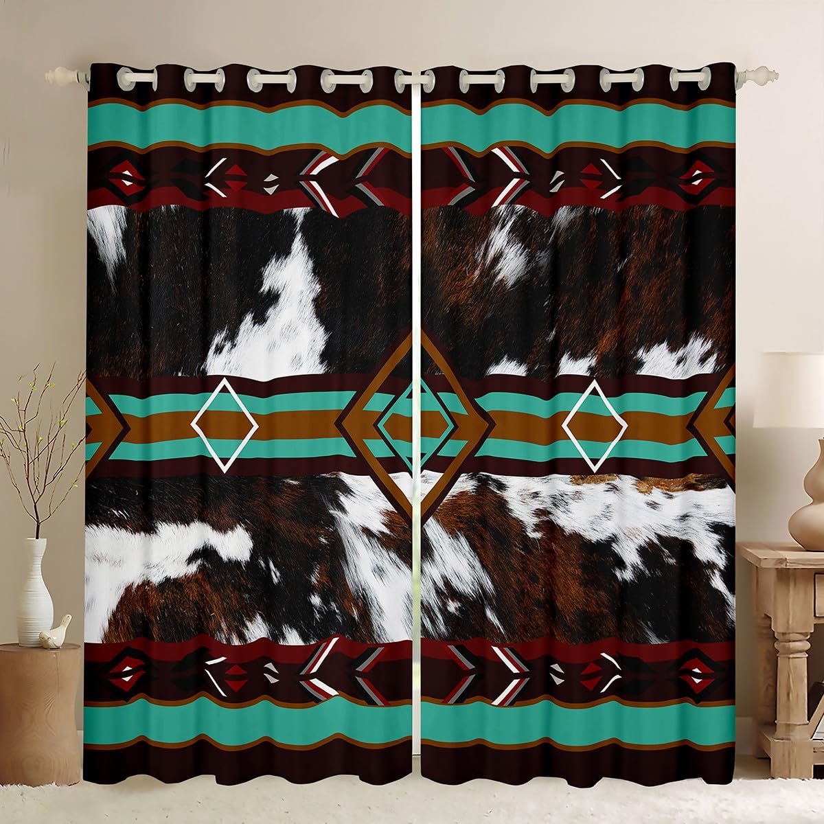 Loussiesd Western Farm Animal Skin Curtains for Bedroom Living Room Cowhide Blackout Shades Cow Fur Print Room Darkening Curtain Farmhouse Window Treatments, 2 Panels W52*L90 Green Brown White โ image 1