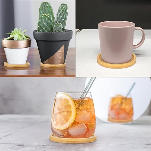 Miniatura 6 de Cosmos 4 piezas de platillo de bambú para suculentas, bandeja de drenaje con borde elevado para macetas pequeñas de 3.5 pulgadas (forma redonda)