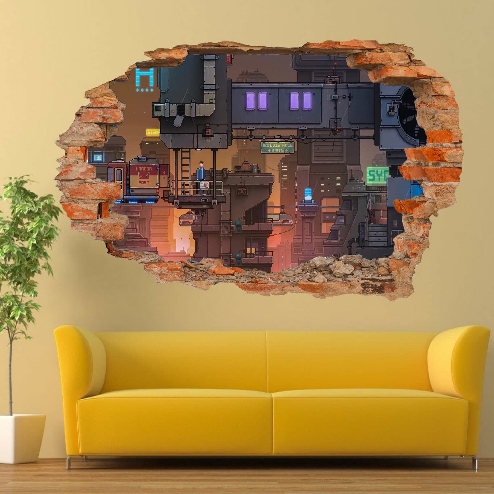 Ciudad Tatuajes De Pared Wall Tattoo 3D Smashed Abstracto Adhesivo De Pared Extraíble Calcomanías Murales Para Habitaciones Moderno Niñas Niños Dormitorio Mural Decoración Para El Hogar 80x120cm