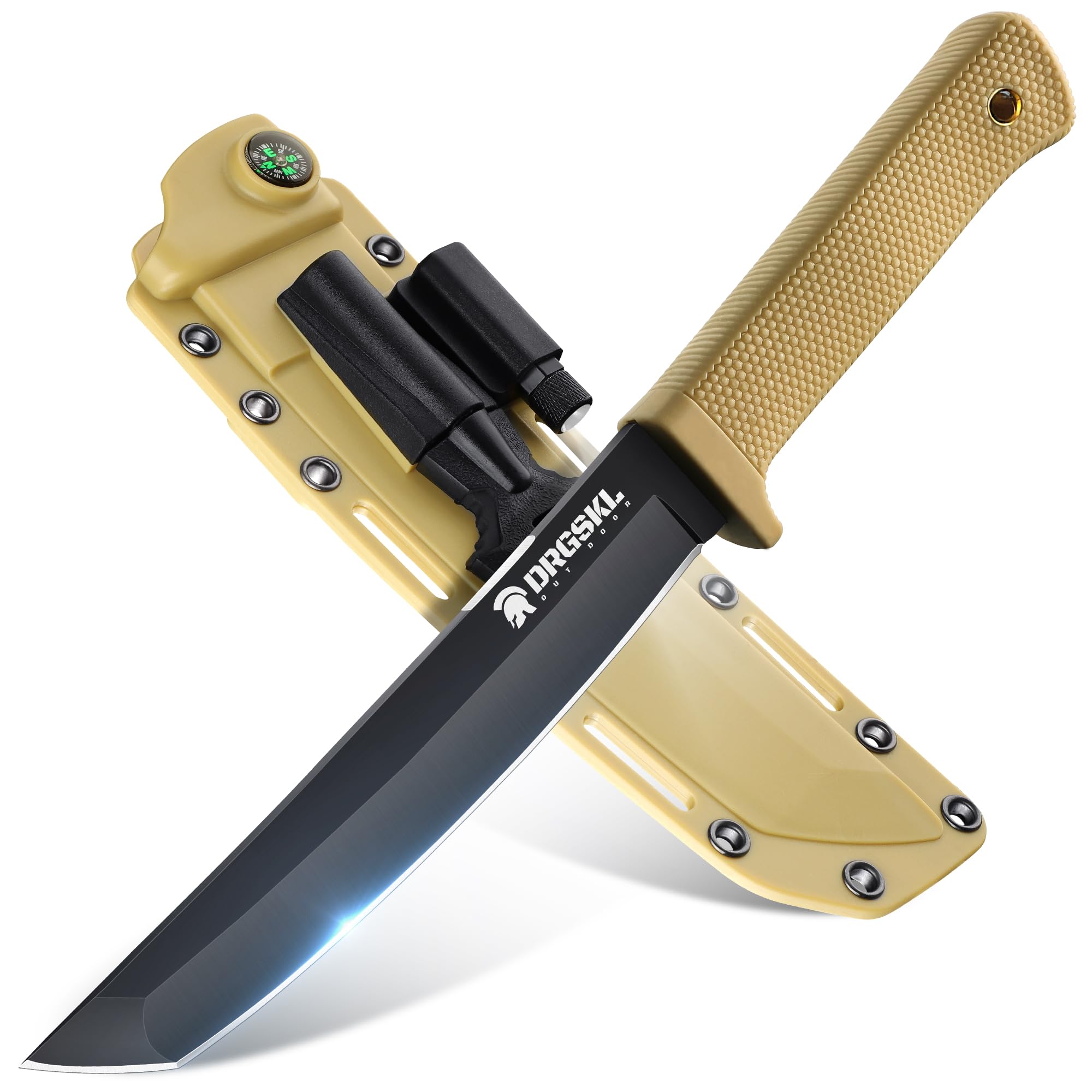 DRGSKL Recon Coltello Tanto Coltello Da Caccia Da Giungla Affilato Con Fodero in Kydex Coltello Da Esterno per Campeggio, Escursionismo Regali Di Natale per Uomini Giallo