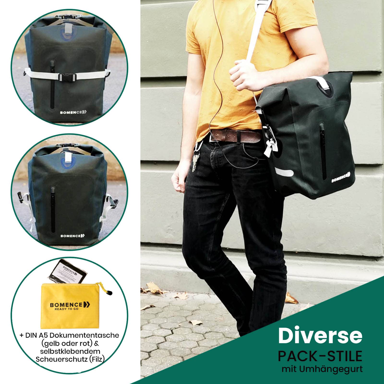 Bomence Gepäckträgertasche wasserdicht groß, Fahrradtaschen für Gepäckträger, Packtaschen Fahrrad 25L Single (Grün Neu) Sport & Freizeit