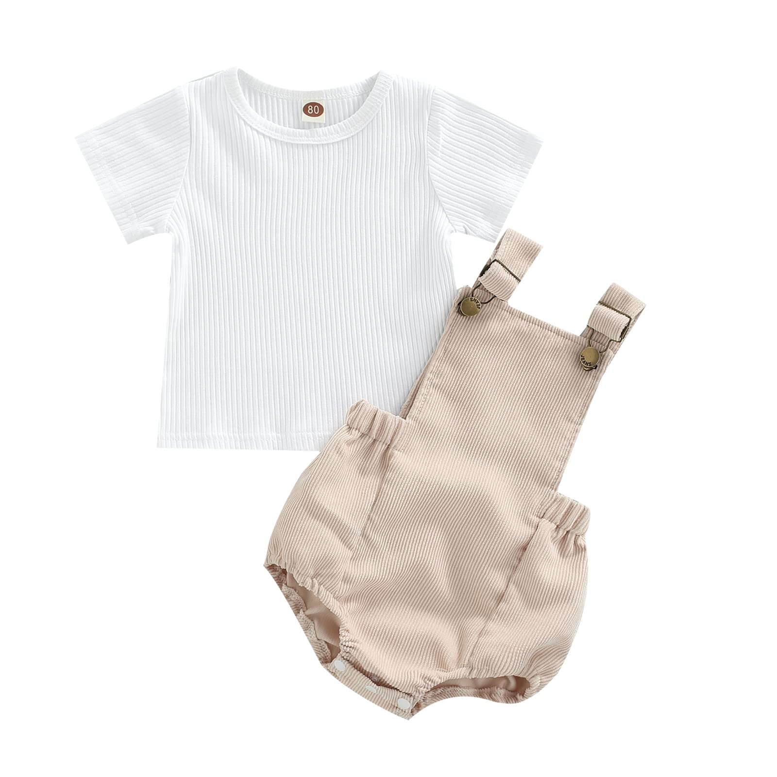 FEIBEL Unisex Baby 2PCS Summer Clothes Set Ribbed Short Sleeve Crewneck T-Shirt Suspender Romper Shorts Outfits Set (A-Khaki, 6-12 Months)