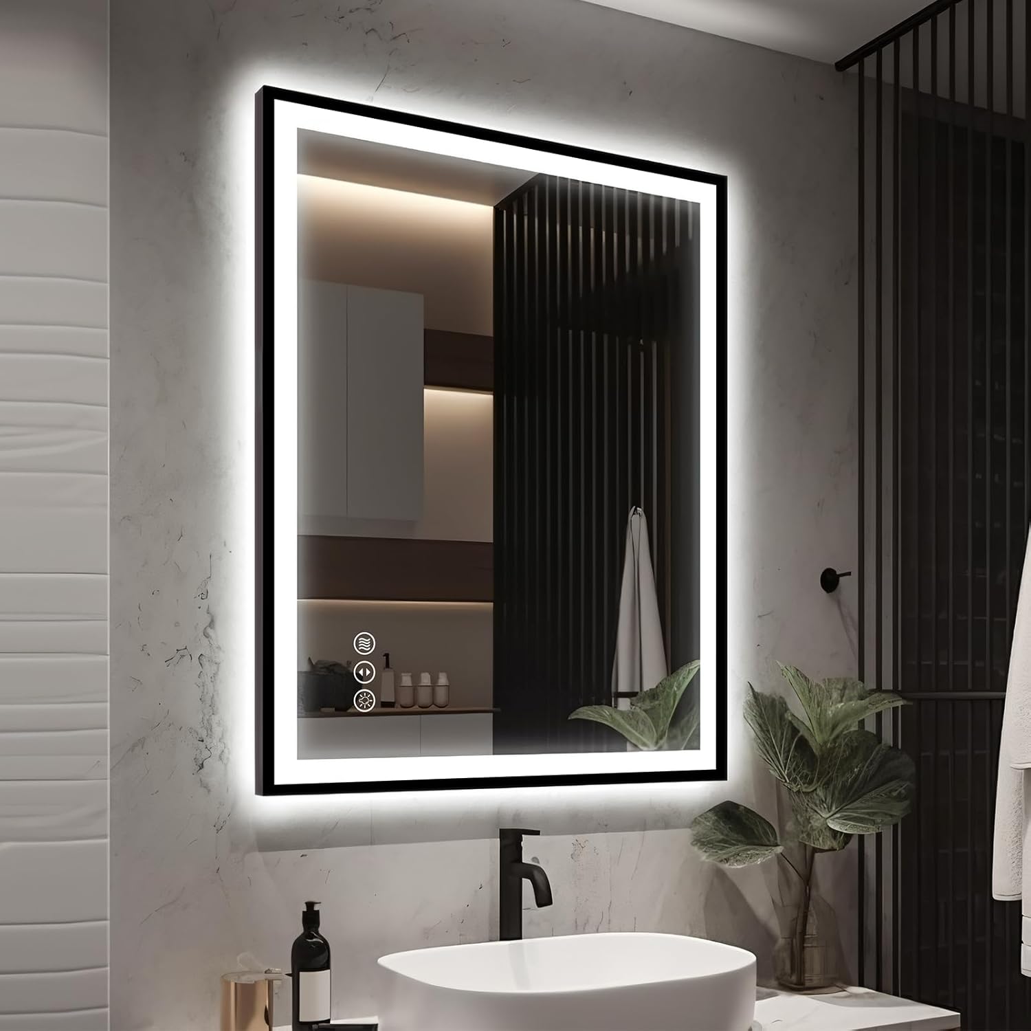 30x36 LED Bathroom Mirror with Lights - Black Framed, Front and Backlit Mirror, Anti-Fog Vanity Mirror with Lights,Stepless Dimmable LED Mirror, 3 Colors Smart(Horizontal/Vertical)