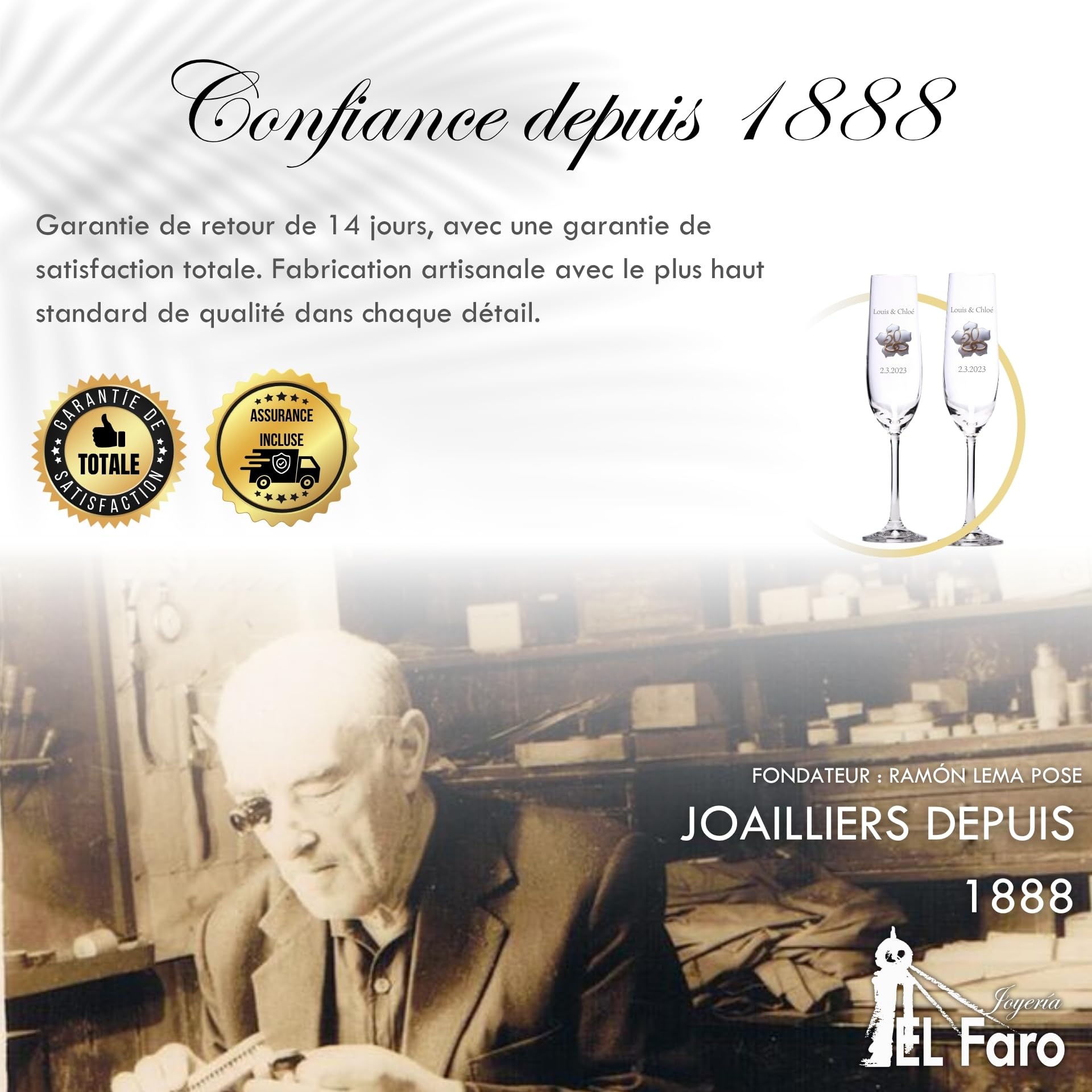 JOYERÍA EL FARO Flûtes 50e anniversaire de mariage personnalisées | Cristal de Bohême haute résistance, Coffret premium inclus