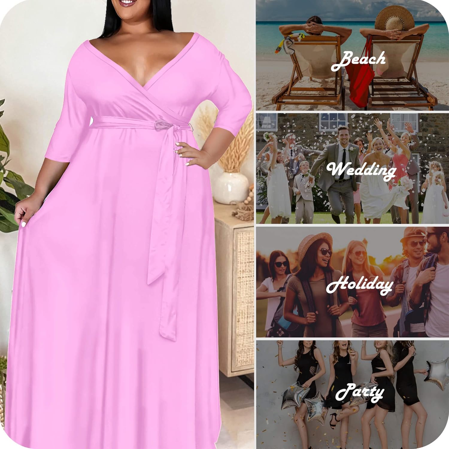 Nmoder Plus Size Maxi Dress for Women - Summer Casual 3/4 Sleeve Floral Flowy Long Dress with Belt XL- 6XL - Image 7