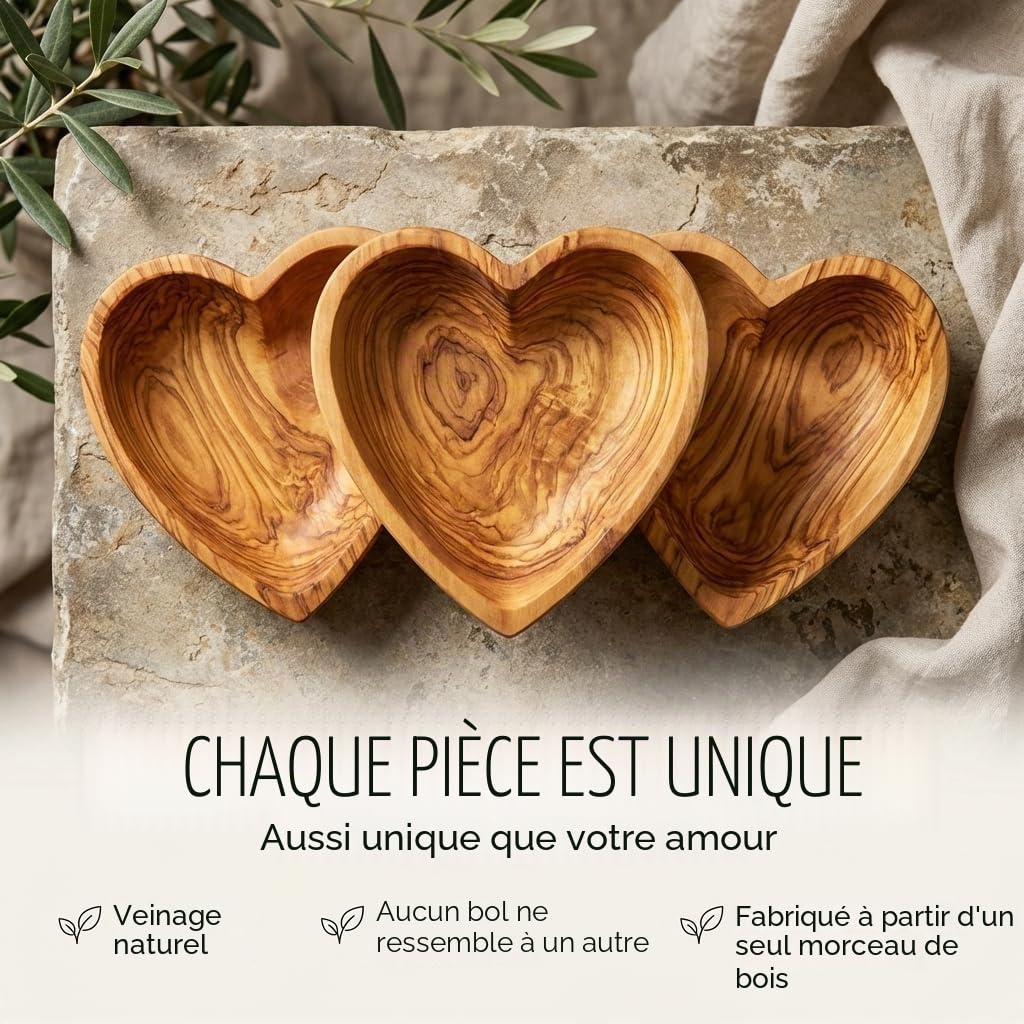 Coussin pour alliances de mariage en bois d'olivier personnalisé - Bol en bois en forme de cœur fait à la main